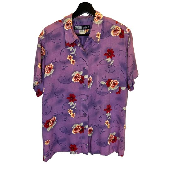 Vintage Tops - Vintage 90s Purple Floral Print Short Sleeve Button Up Top Medium